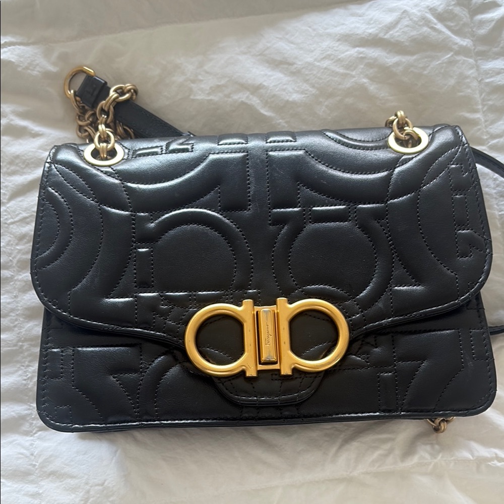 Salvatore Ferragamo Black and Gold Quilted Crossbody Bag